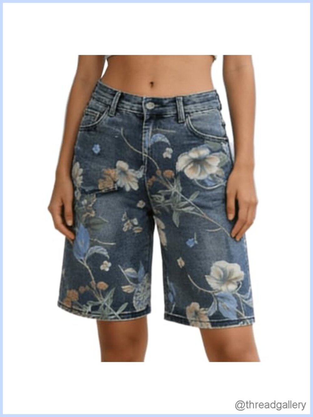 High Rise Floral Denim Bermuda Shorts Women Stretchy